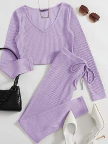 SHEIN EZwear V Neck Solid Top & Knot Front Leggings Set - Lilac Purple - View 1