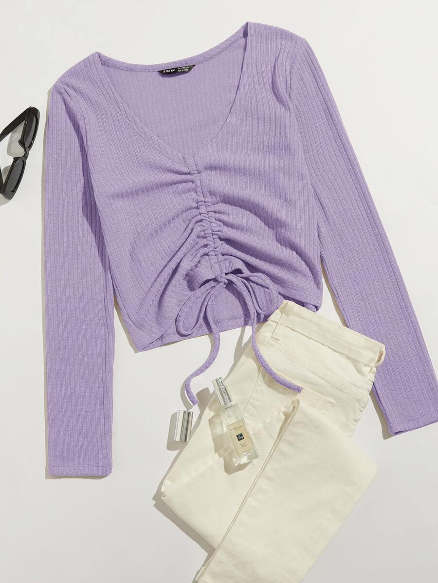 SHEIN Qutie Áo thun Xù màu trơn Giải trí - Màu Lilac Tím - Xem 1