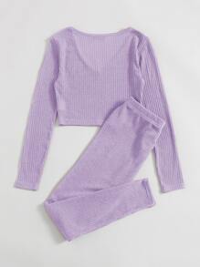 SHEIN EZwear V Neck Solid Top & Knot Front Leggings Set - Lilac Purple - View 2