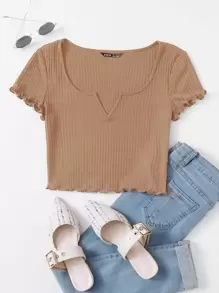 SHEIN Qutie Áo thun Xù nhỏ màu trơn Giải trí - Màu Khaki - Xem 1
