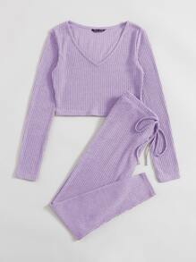 SHEIN EZwear V Neck Solid Top & Knot Front Leggings Set - Lilac Purple - View 3