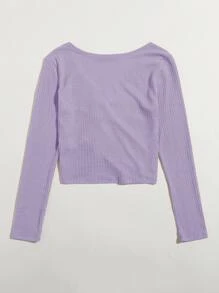 SHEIN Qutie Áo thun Xù màu trơn Giải trí - Màu Lilac Tím - Xem 2