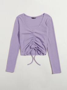 SHEIN Qutie Áo thun Xù màu trơn Giải trí - Màu Lilac Tím - Xem 3
