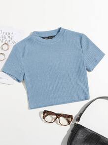 Muchica Camiseta unicolor tejida de canalé - Celeste - Ver 1