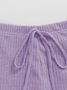 SHEIN EZwear V Neck Solid Top & Knot Front Leggings Set - Lilac Purple - View 4