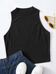 SHEIN EZwear Plus Solid Rib-knit Tank Top - Black - View 1