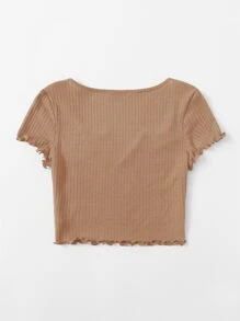 SHEIN Qutie Áo thun Xù nhỏ màu trơn Giải trí - Màu Khaki - Xem 2