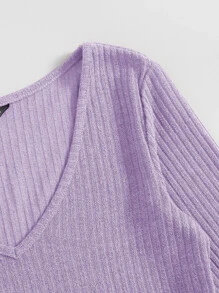 SHEIN EZwear V Neck Solid Top & Knot Front Leggings Set - Lilac Purple - View 5