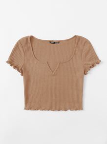 SHEIN Qutie Áo thun Xù nhỏ màu trơn Giải trí - Màu Khaki - Xem 3