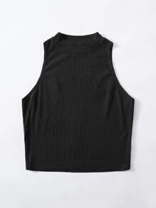 SHEIN EZwear Plus Solid Rib-knit Tank Top - Black - View 3