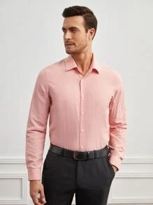 GENTILAND Men Solid Button Up Shirt - Coral Pink - View 1