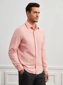 GENTILAND Men Solid Button Up Shirt - Coral Pink - View 3