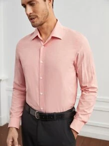 GENTILAND Men Solid Button Up Shirt - Coral Pink - View 4