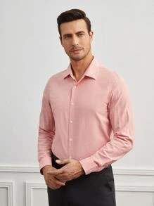 GENTILAND Men Solid Button Up Shirt - Coral Pink - View 5