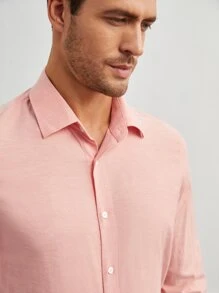 GENTILAND Men Solid Button Up Shirt - Coral Pink - View 6