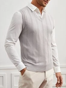 GENTILAND Men Cable Knit Sweater Vest - Light Grey - View 5