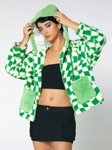 Abrigo con capucha con estampado de cuadros con parche de bolsillo con cordón - Verde - Ver 3