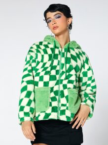 Abrigo con capucha con estampado de cuadros con parche de bolsillo con cordón - Verde - Ver 1