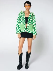 Abrigo con capucha con estampado de cuadros con parche de bolsillo con cordón - Verde - Ver 5