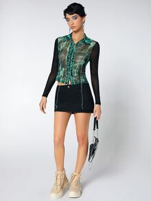 SHEIN ICON 前紐扣網紗上衣 - 彩色 - 查看 3