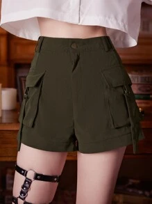 ROMWE Academia Solid Flap Pocket Shorts - Army Green - View 1