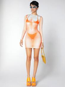 SHEIN ICON 身體熱成像印花緊身洋裝 - 橘色 - 查看 3