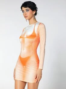 SHEIN ICON 身體熱成像印花緊身洋裝 - 橘色 - 查看 5
