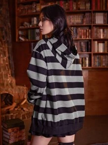 ROMWE Academia Striped Zip Up Hoodie, School,Long Sleeve Tops Graduation,Back To School Outfits,Graduation,Teacher Outfits For Women,Back To School - Multicolor - View 2