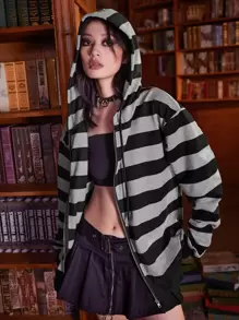 ROMWE Academia Striped Zip Up Hoodie, School,Long Sleeve Tops Graduation,Back To School Outfits,Graduation,Teacher Outfits For Women,Back To School - Multicolor - View 3