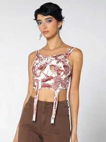 SHEIN ICON 植物圖案十字交叉吊帶襪吊帶短上衣 - 彩色 - 查看 4