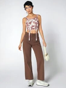 SHEIN ICON 植物圖案十字交叉吊帶襪吊帶短上衣 - 彩色 - 查看 3