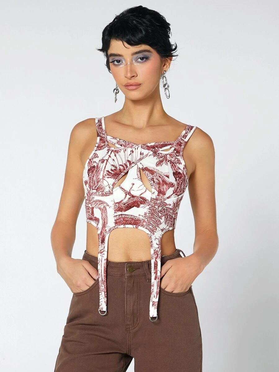 SHEIN ICON 植物圖案十字交叉吊帶襪吊帶短上衣 - 彩色 - 查看 1