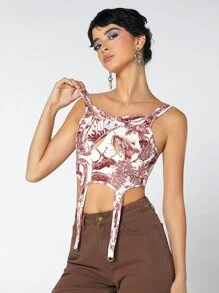 SHEIN ICON 植物圖案十字交叉吊帶襪吊帶短上衣 - 彩色 - 查看 6