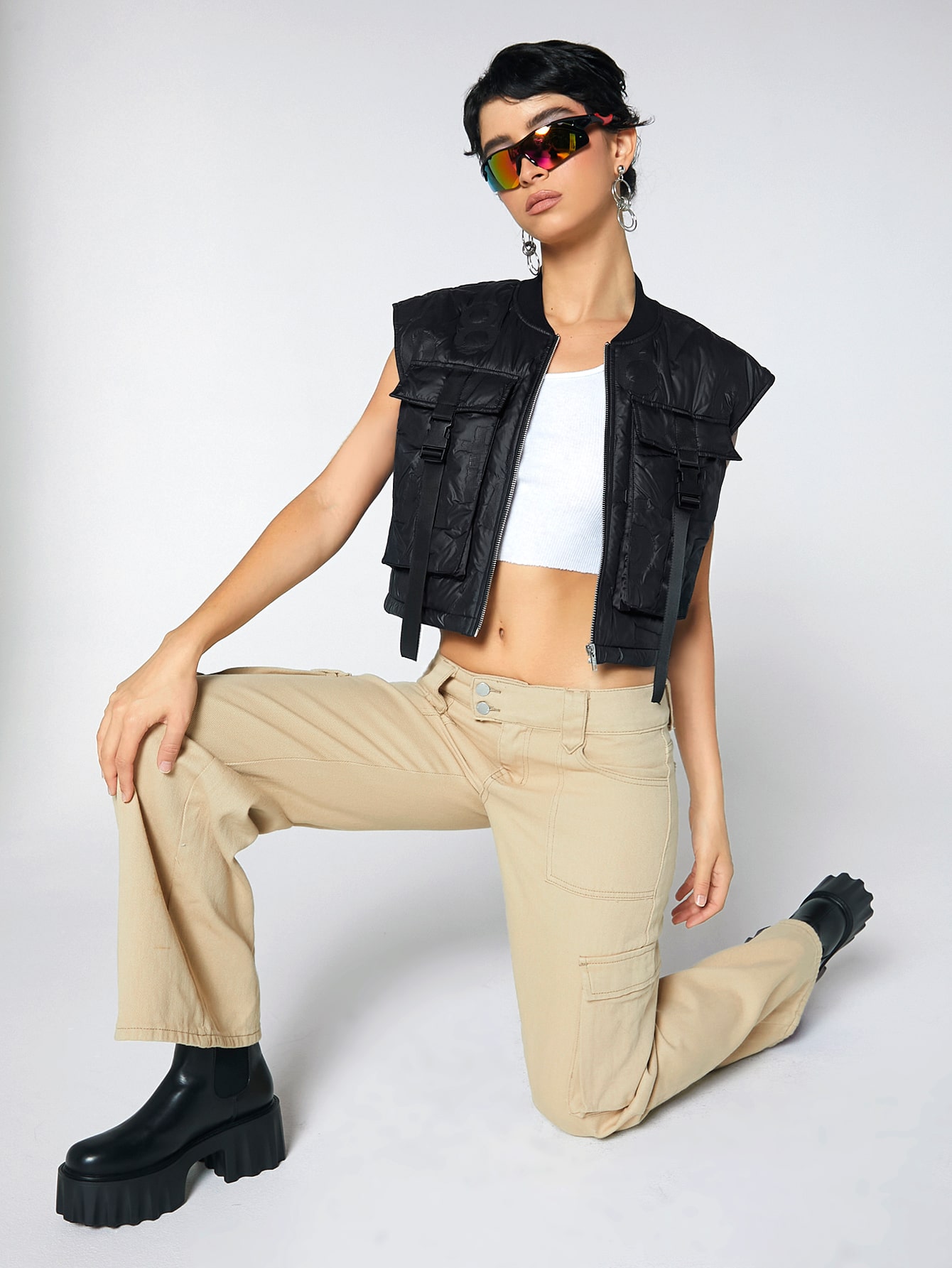 SHEIN Number Pattern Flap Pocket Zipper Crop Vest Winter Coat SHEIN USA