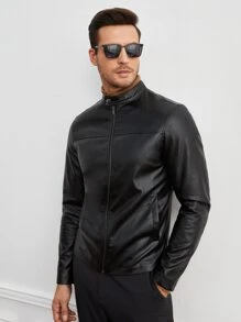 Manfinity VCAY Men Zip Up PU Leather Jacket - Black - View 5