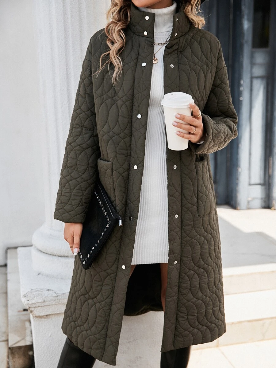 SHEIN Clasi 雙口袋落肩袖絎縫外套 - 軍綠色 - 查看 1