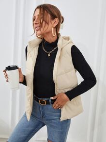 SHEIN Frenchy Áo khoác không tay có mũ trùm đầu túi xéo có khóa kéo - Màu be - Xem 5