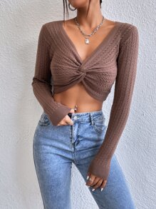 SHEIN Privé Twist Front Cable Knit Crop Sweater - Redwood - View 5