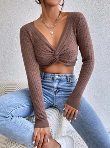 SHEIN Privé Twist Front Cable Knit Crop Sweater - Redwood - View 3