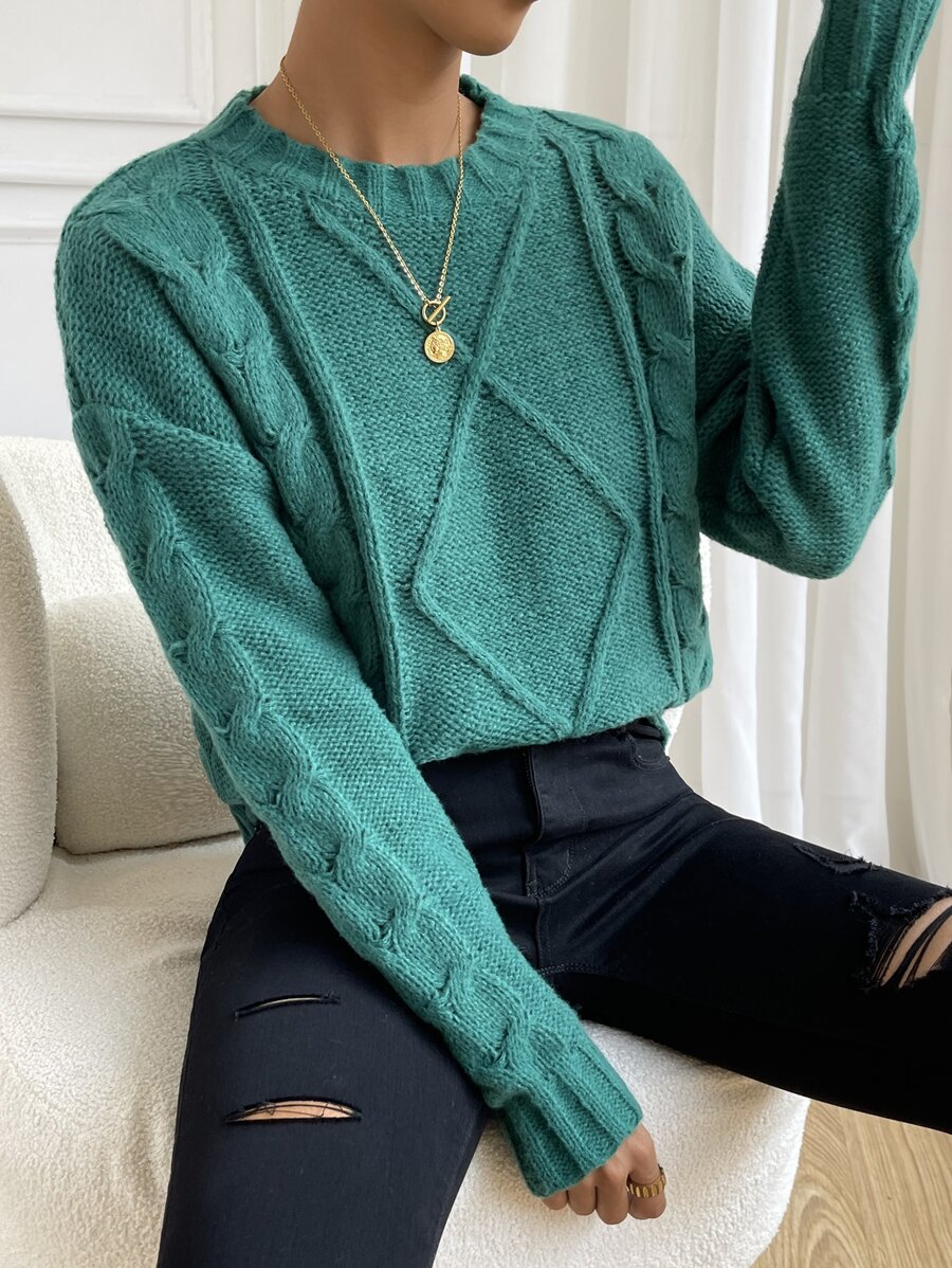Cable Knit Drop Shoulder Jumper - Green - View 1
