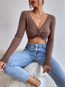 SHEIN Privé Twist Front Cable Knit Crop Sweater - Redwood - View 6