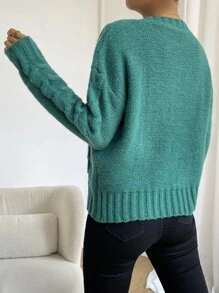 Cable Knit Drop Shoulder Jumper - Green - View 2