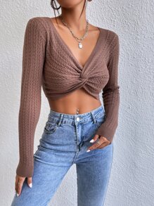 SHEIN Privé Twist Front Cable Knit Crop Sweater - Redwood - View 7