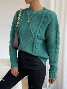 Cable Knit Drop Shoulder Jumper - Green - View 3