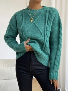 Cable Knit Drop Shoulder Jumper - Green - View 4