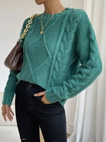 Cable Knit Drop Shoulder Jumper - Green - View 5