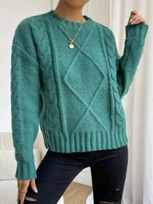 Cable Knit Drop Shoulder Jumper - Green - View 6