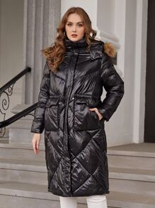 Plus Flap Pocket Fuzzy Trim Hooded Padded Coat - Black - View 1