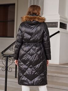 Plus Flap Pocket Fuzzy Trim Hooded Padded Coat - Black - View 2