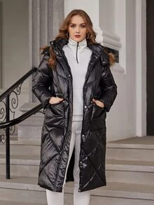 Plus Flap Pocket Fuzzy Trim Hooded Padded Coat - Black - View 3